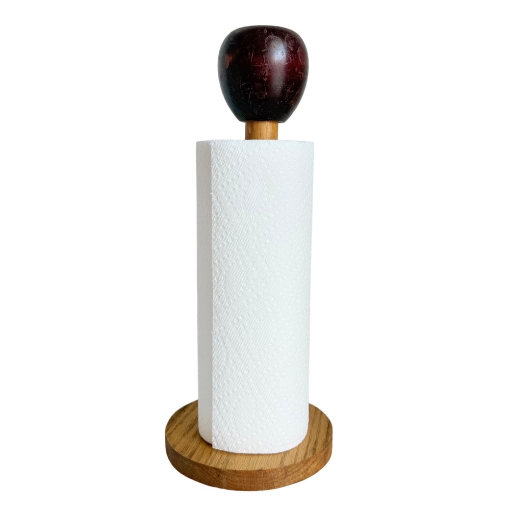 Paper Towel Holder Brown Red Wooden Apple Finial Farmhouse Rustic Cottagecore